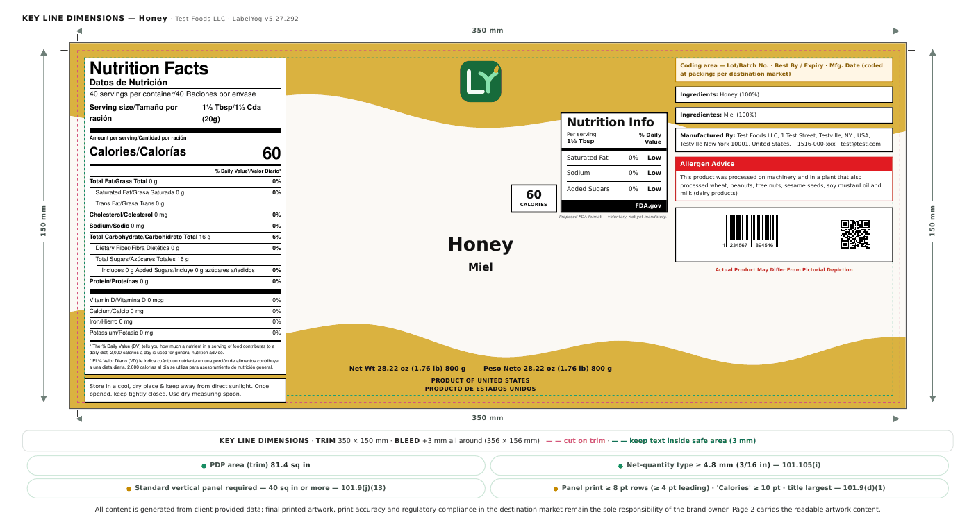 A finished LabelYog honey label — bilingual FDA Nutrition Facts, the KLD dieline at exact pack size, a vivid one-of-a-kind Infinite-designs artwork, barcode and QR, ingredients and allergen advice